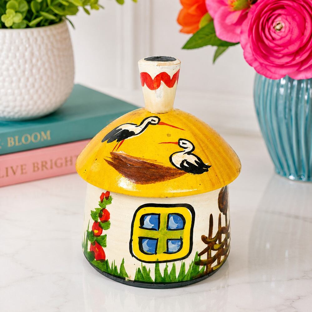 Vintage Wooden Trinket Box Ukraine Folk Art Khata Storks Hand Painted